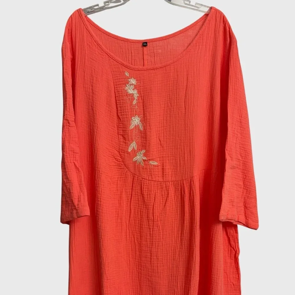 Women's Floral Embroidered Orange Gauze Midi Dress 5XL Crinkle Textured Summer